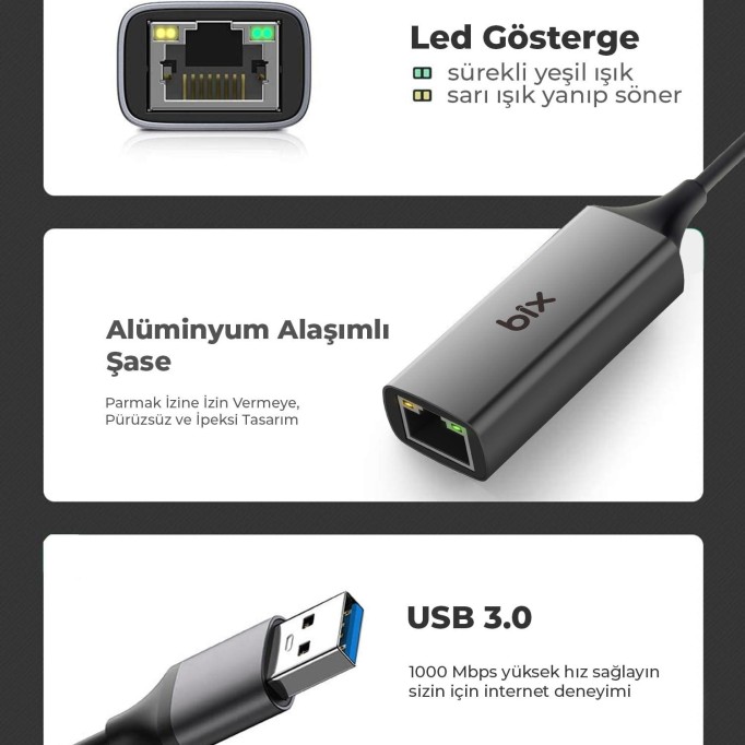 Bix ADP-08 USB 3.0 Gigabit Ethernet Dönüştürücü Adaptör