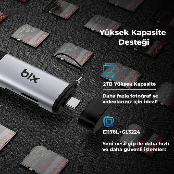 Bix ADP-11 Type-C USB 3.2 Çok Fonksiyonlu OTG Kart Okuyucu