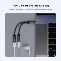 Bix ADP-13 Type-C to Çift Type-C Adaptör ve 15W Hızlı Şarj Dönüştürücü