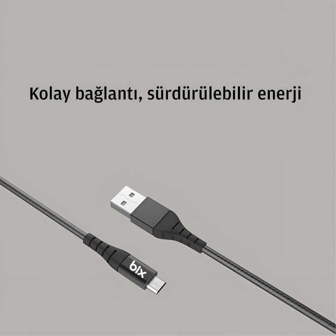 Bix Android İçin Ultra Güçlendirilmiş Micro USB Şarj Kablosu Siyah