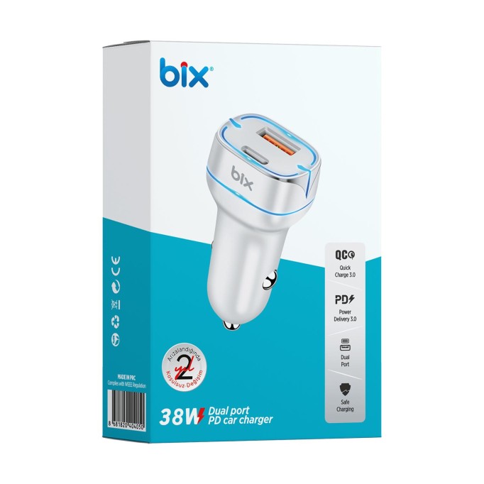 Bix BX-CCP36WT 36W QC 3.0 USB PD Araç İçi Hızlı Şarj Adaptörü Beyaz