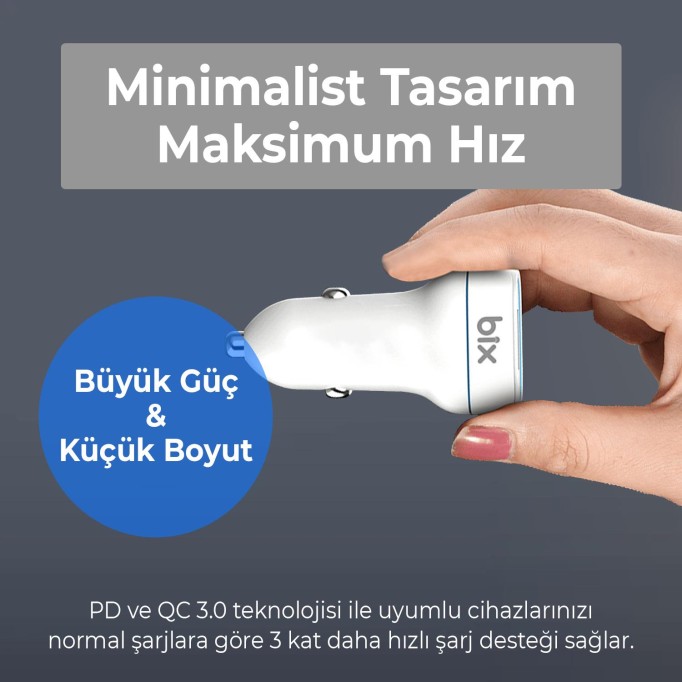 Bix BX-CCP36WT 36W QC 3.0 USB PD Araç İçi Hızlı Şarj Adaptörü Beyaz