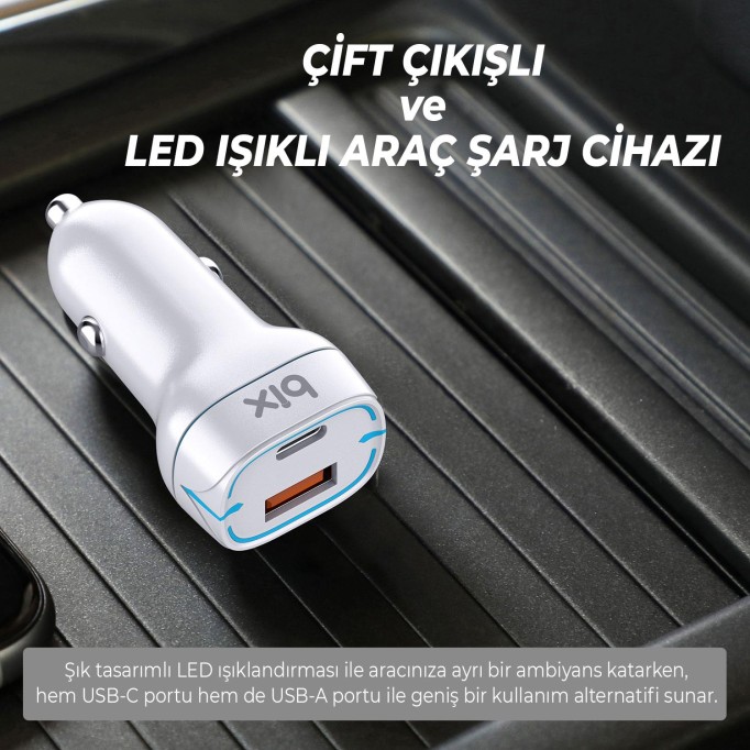 Bix BX-CCP36WT 36W QC 3.0 USB PD Araç İçi Hızlı Şarj Adaptörü Beyaz
