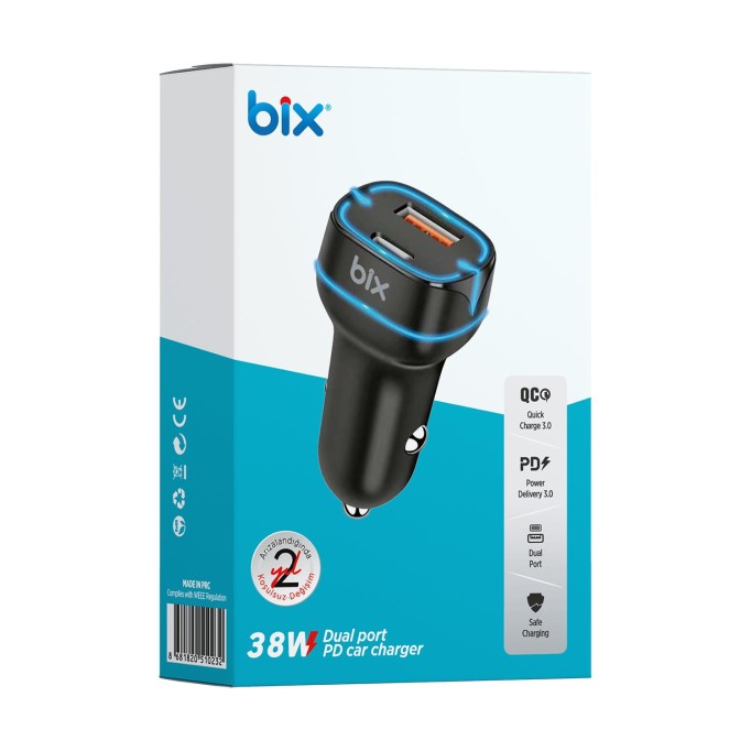 Bix BX-CCP36WT 36W QC 3.0 USB PD Araç İçi Hızlı Şarj Adaptörü Siyah