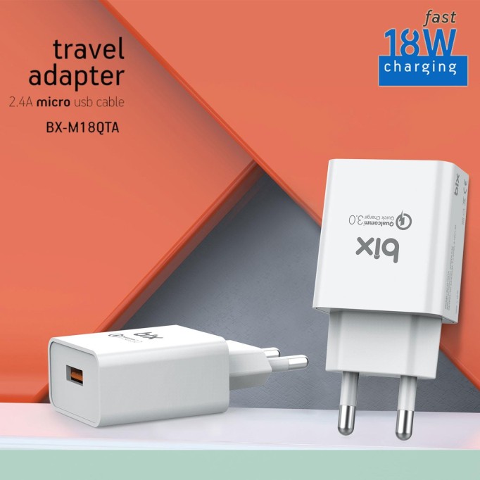 Bix BX-M18QTA 18W Qualcomm 3.0 Hızlı Şarj Adaptörü ve Micro USB Şarj Kablosu 1 Metre