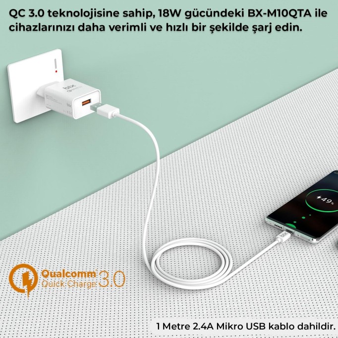 Bix BX-M18QTA 18W Qualcomm 3.0 Hızlı Şarj Adaptörü ve Micro USB Şarj Kablosu 1 Metre