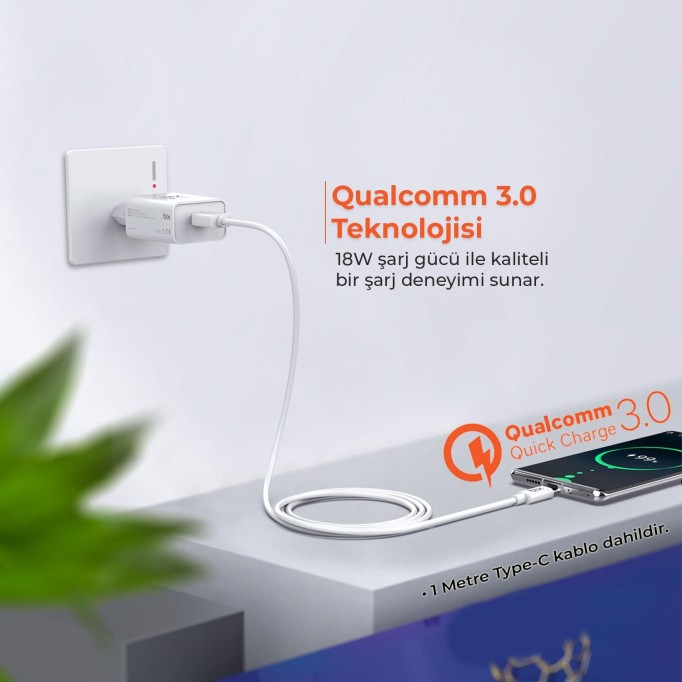 Bix BX-T18QTA 18W Qualcomm Hızlı Şarj Aleti ve Type-C Şarj Kablosu 1 Metre