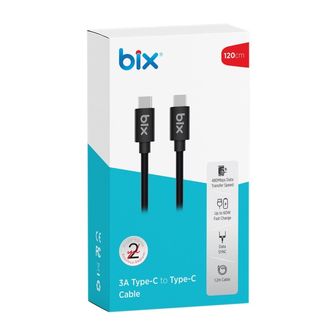 Bix BX-UC02C 60W Type-C to Type-C Hızlı Şarj ve Data Kablosu 1.2 Metre Siyah