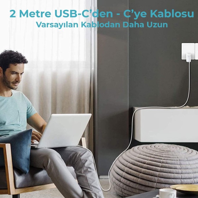 Bix BX-UC65WFTA 65W PD Hızlı Şarj Adaptörü ve E-Mark Çipli 2 Metre USB-C Kablo