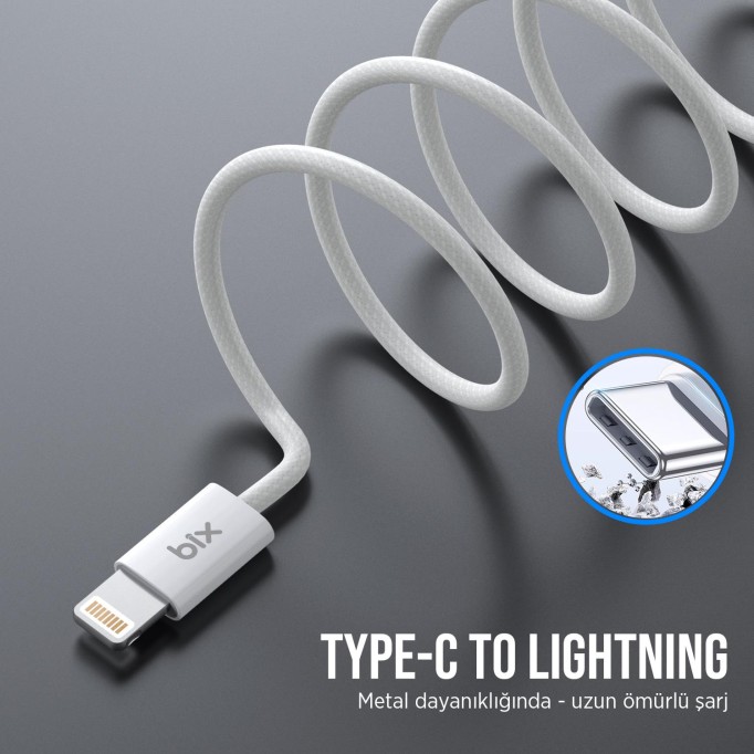 Bix BX03CL 27W Type-C to Lightning iPhone Örgülü Data ve Şarj Kablosu Beyaz 1 Metre