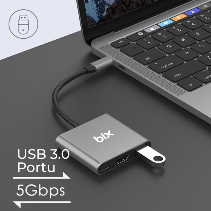 Bix BX13HB Type-C HDMI USB PD Dönüştürücü Adaptör
