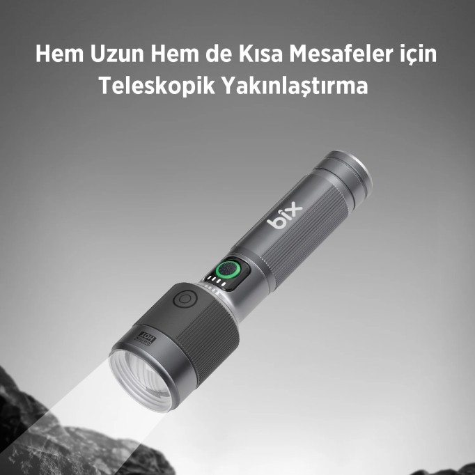 Bix BX2101FL 30W LED 690 Metre Uzun Menzilli Şarjlı El Feneri 1450 Lümen Güç Göstergeli Zoom Özellikli Işıklı Kamp Feneri 
