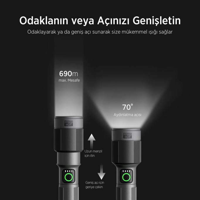 Bix BX2101FL 30W LED 690 Metre Uzun Menzilli Şarjlı El Feneri 1450 Lümen Güç Göstergeli Zoom Özellikli Işıklı Kamp Feneri 