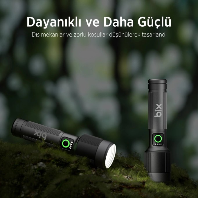 Bix BX2101FL 30W LED 690 Metre Uzun Menzilli Şarjlı El Feneri 1450 Lümen Güç Göstergeli Zoom Özellikli Işıklı Kamp Feneri 