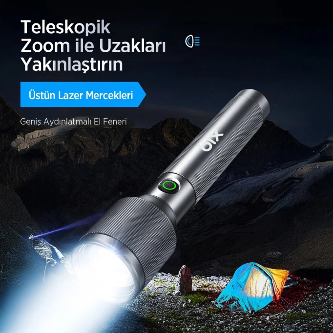 Bix BX2143FL 24W LED 950 Metre Uzun Menzilli Şarjlı El Feneri 1100 Lümen Güç Göstergeli Zoom Özellikli Işıklı Kamp Feneri
