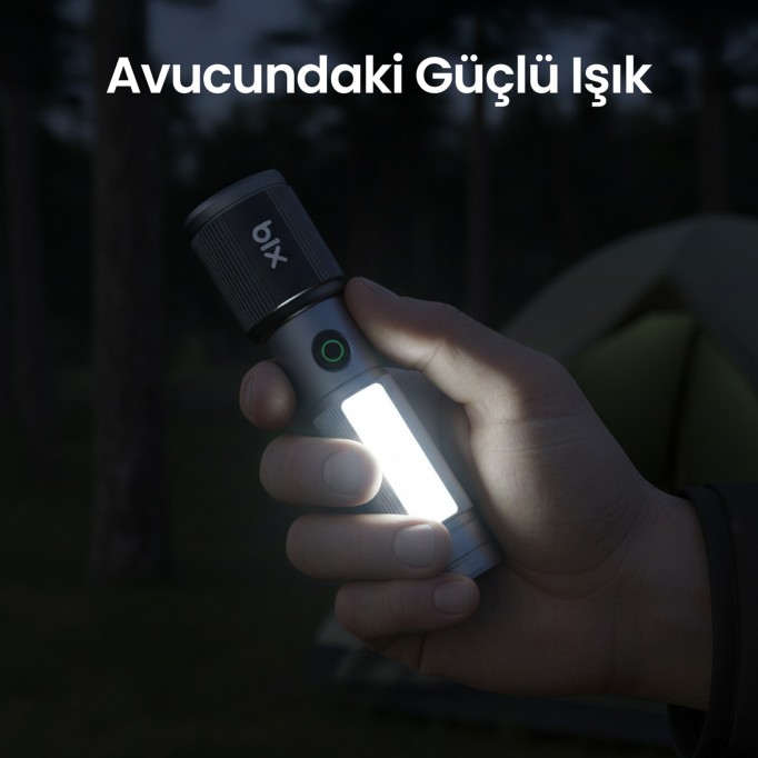 Bix BX2153FL 7W LED 325 Metre Menzilli 330 Lümen Type-C LED El Feneri Manyetik COB Zoom Özellikli Işıklı Kamp Feneri