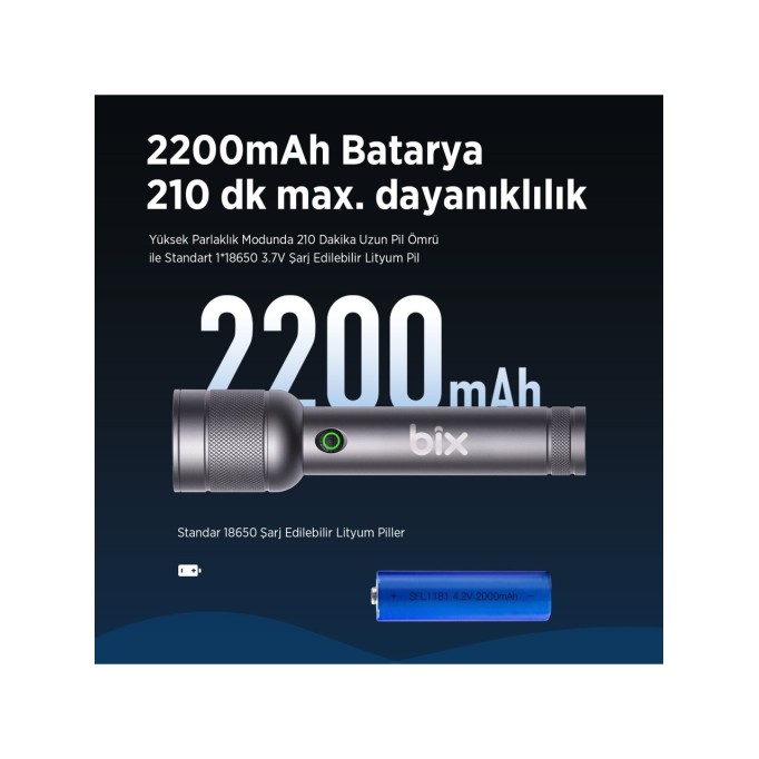 Bix BX2186FL 3W LED 300 Metre Uzun Menzilli Şarjlı El Feneri 910 Lümen Çok Modlu Işıklı Kamp Feneri