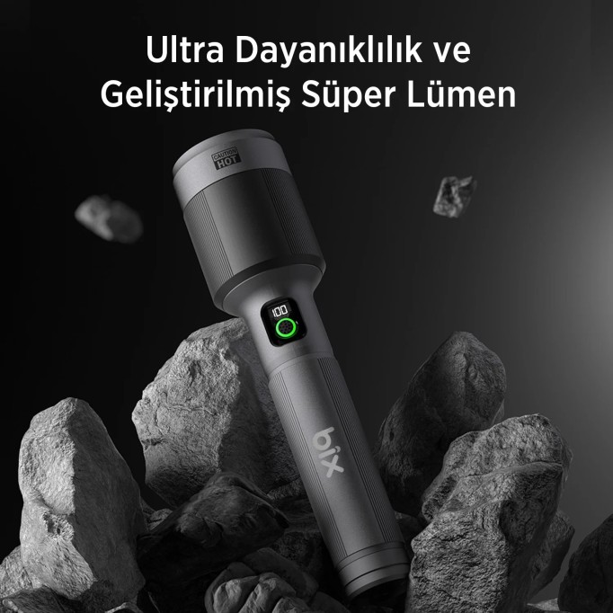 Bix BX5102FL 60W LED 1000 Metre Uzun Menzilli Şarjlı El Feneri 3000 Lümen Çok Modlu Işıklı Kamp Feneri 
