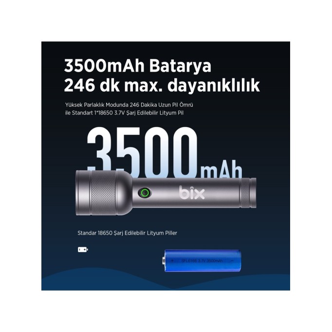 Bix BX6166FL 3W LED 368 Metre Uzun Menzilli Şarjlı El Feneri 1500 Lümen Çok Modlu Işıklı Kamp Feneri