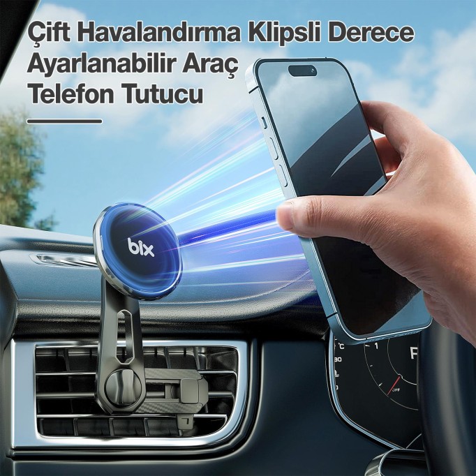 Bix Çift Havalandırma Klipsli ve Destek Kollu 360° Derece Ayarlanabilir Araç Telefon Tutucu