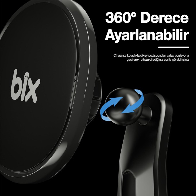 Bix Çift Havalandırma Klipsli ve Destek Kollu 360° Derece Ayarlanabilir Araç Telefon Tutucu