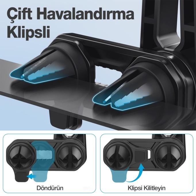 Bix Çift Havalandırma Klipsli ve Destek Kollu 360° Derece Ayarlanabilir Araç Telefon Tutucu