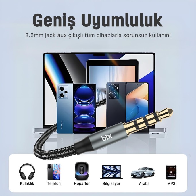 Bix Hi-Fi 3.5mm Erkek to Erkek Örgülü Aux Ses Kablosu 1.5 Metre