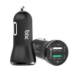 Siyah Bix Hızlı Araç Şarj Cihazı Çift USB Çıkışlı QC 3.0 Siyah
