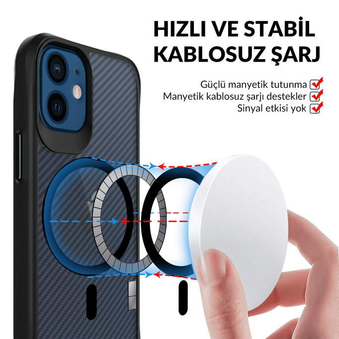 Bix iPhone 12 / 12 Pro Carbon Fiber Force MagSafe Kılıf Anti-Şok Teknolojili Kamera ve Ekran Korumalı