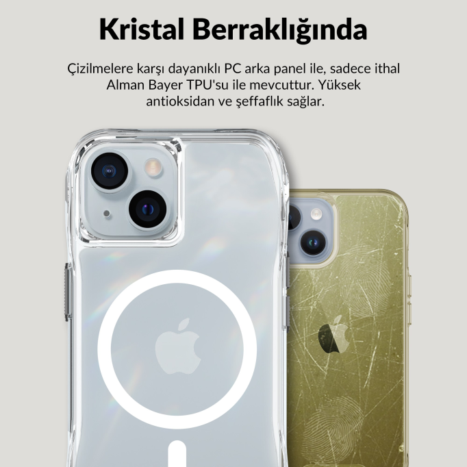 Bix iPhone 13 / 14 / 15 Octagon Hava Yastıklı MagSafe Kılıf Maksimum Korumalı Antrasit Kristal Şeffaf 