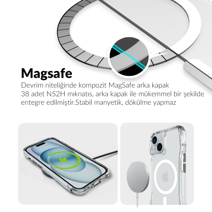 Bix iPhone 13 / 14 / 15 Octagon Hava Yastıklı MagSafe Kılıf Maksimum Korumalı Antrasit Kristal Şeffaf 