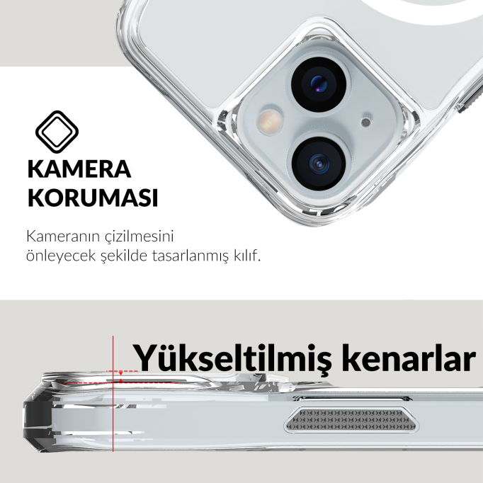 Bix iPhone 13 / 14 / 15 Octagon Hava Yastıklı MagSafe Kılıf Maksimum Korumalı Antrasit Kristal Şeffaf 