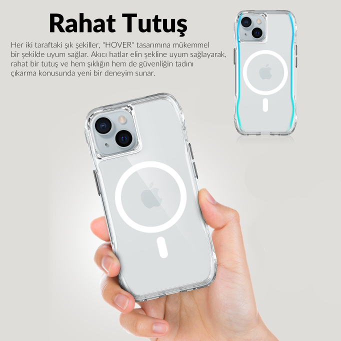 Bix iPhone 13 / 14 / 15 Octagon Hava Yastıklı MagSafe Kılıf Maksimum Korumalı Antrasit Kristal Şeffaf 
