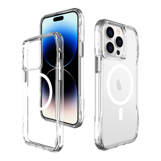 Bix iPhone 13 Pro / 14 Pro Octagon Hava Yastıklı MagSafe Kılıf Maksimum Korumalı Antrasit Kristal Şeffaf 