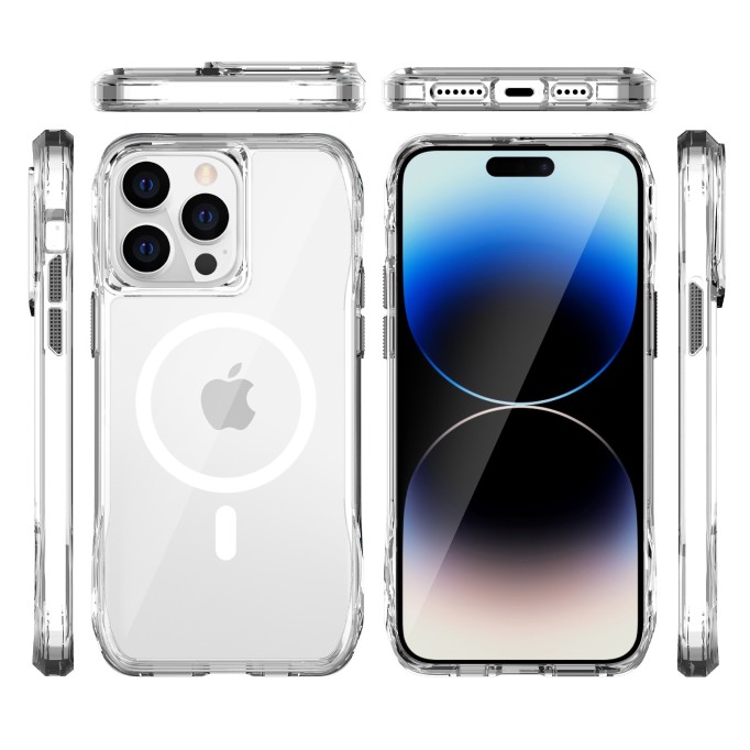 Bix iPhone 13 Pro / 14 Pro Octagon Hava Yastıklı MagSafe Kılıf Maksimum Korumalı Antrasit Kristal Şeffaf 
