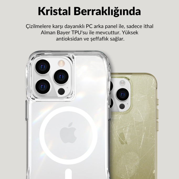 Bix iPhone 13 Pro / 14 Pro Octagon Hava Yastıklı MagSafe Kılıf Maksimum Korumalı Antrasit Kristal Şeffaf 
