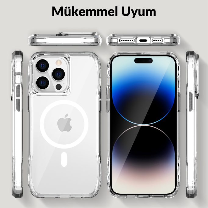 Bix iPhone 13 Pro / 14 Pro Octagon Hava Yastıklı MagSafe Kılıf Maksimum Korumalı Antrasit Kristal Şeffaf 