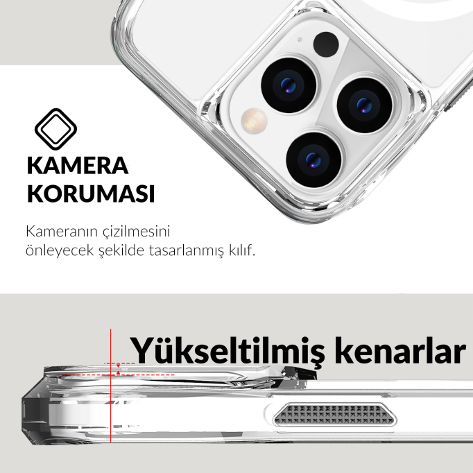 Bix iPhone 13 Pro / 14 Pro Octagon Hava Yastıklı MagSafe Kılıf Maksimum Korumalı Antrasit Kristal Şeffaf 