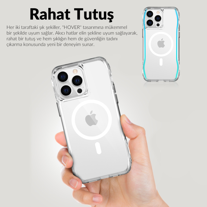 Bix iPhone 13 Pro / 14 Pro Octagon Hava Yastıklı MagSafe Kılıf Maksimum Korumalı Antrasit Kristal Şeffaf 
