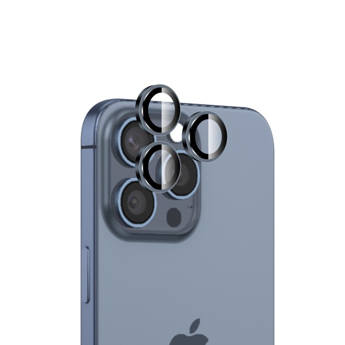 Bix iPhone 15 / 15 Pro Max Safir Lens Koruyucu 3D Kamera Camı 9H Premium Lens Kapağı Mavi Titanyum