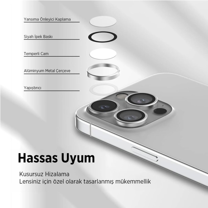 Bix iPhone 15 / 15 Pro Max Safir Lens Koruyucu 3D Kamera Camı 9H Premium Lens Kapağı Mavi Titanyum