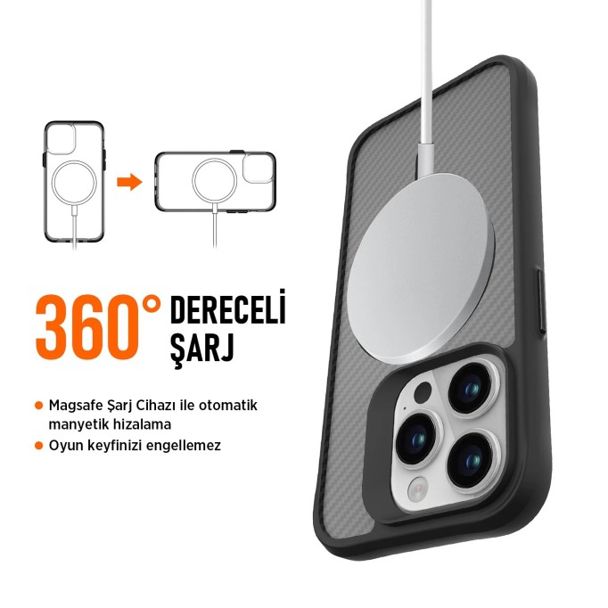 Bix iPhone 15 Pro Carbon Fiber Force MagSafe Kılıf Anti-Şok Teknolojili Kamera ve Ekran Korumalı