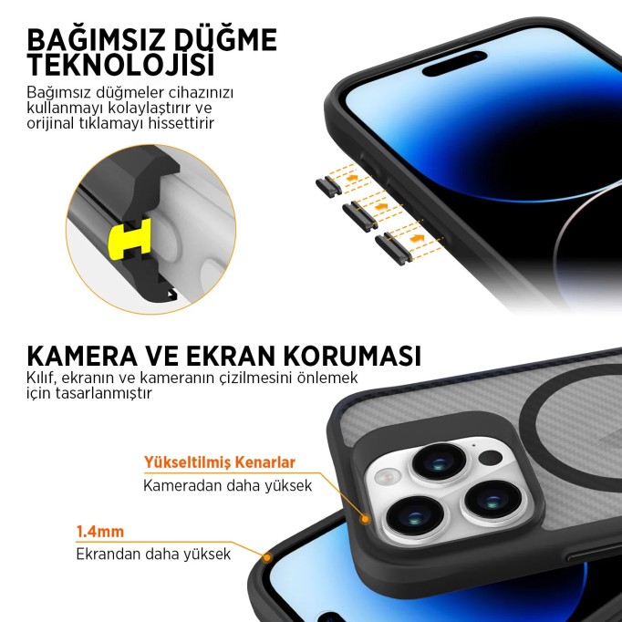 Bix iPhone 15 Pro Carbon Fiber Force MagSafe Kılıf Anti-Şok Teknolojili Kamera ve Ekran Korumalı
