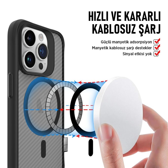 Bix iPhone 15 Pro Carbon Fiber Force MagSafe Kılıf Anti-Şok Teknolojili Kamera ve Ekran Korumalı