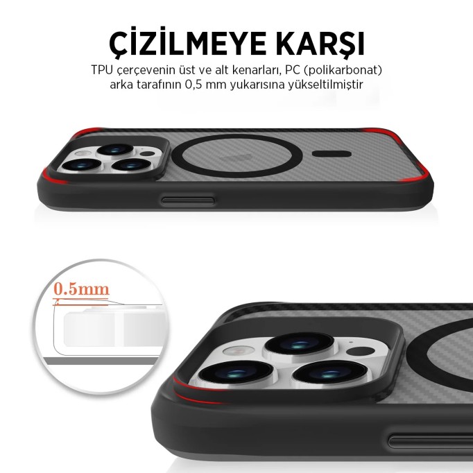 Bix iPhone 15 Pro Carbon Fiber Force MagSafe Kılıf Anti-Şok Teknolojili Kamera ve Ekran Korumalı