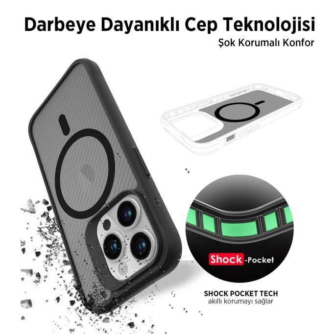 Bix iPhone 15 Pro Carbon Fiber Force MagSafe Kılıf Anti-Şok Teknolojili Kamera ve Ekran Korumalı