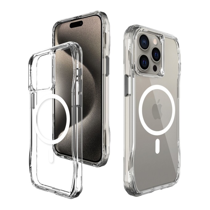 Bix iPhone 15 Pro Max Octagon Hava Yastıklı MagSafe Kılıf Maksimum Korumalı Antrasit Kristal Şeffaf 