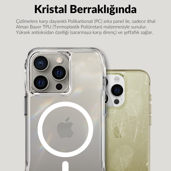 Bix iPhone 15 Pro Max Octagon Hava Yastıklı MagSafe Kılıf Maksimum Korumalı Antrasit Kristal Şeffaf 