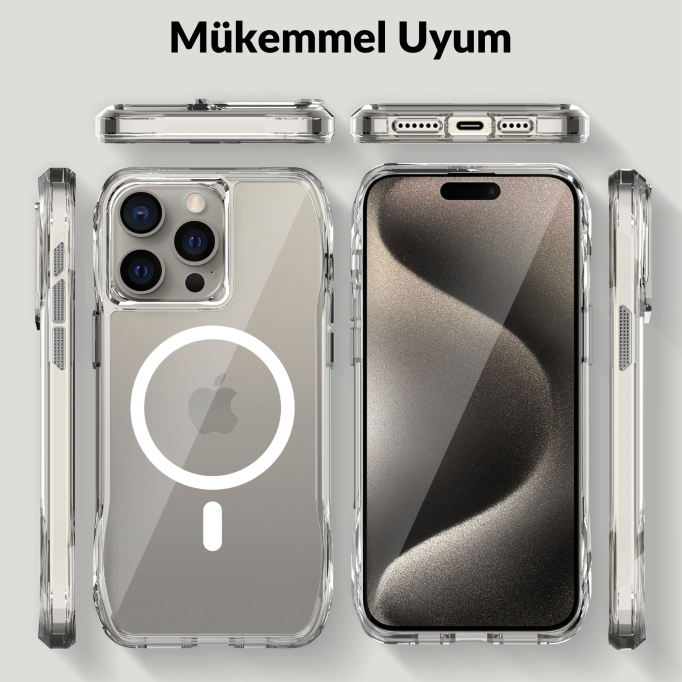 Bix iPhone 15 Pro Max Octagon Hava Yastıklı MagSafe Kılıf Maksimum Korumalı Antrasit Kristal Şeffaf 