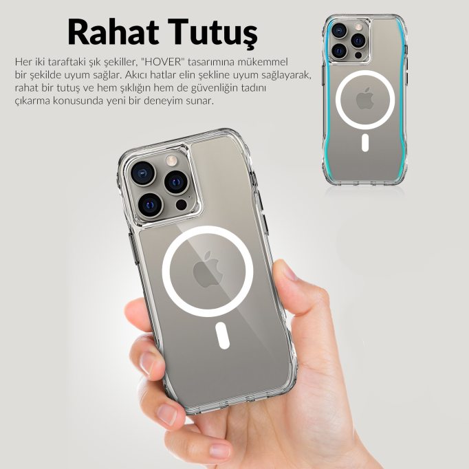 Bix iPhone 15 Pro Max Octagon Hava Yastıklı MagSafe Kılıf Maksimum Korumalı Antrasit Kristal Şeffaf 